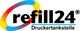 Logo von refill24 mit buntem Kreis und Schriftzug "Druckertankstelle".