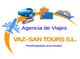 Agencia de viajes "VAZ-SAN TOURS S.L." con íconos de avión, tren y barco.
