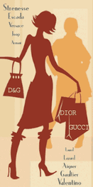 Stilisierte Frauen-Silhouetten mit Einkaufstaschen und Markennamen wie Dior und Gucci im Hintergrund.