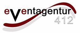 Logo der Eventagentur 412 mit stilisiertem "V" und geschwungener Linie in Rot.