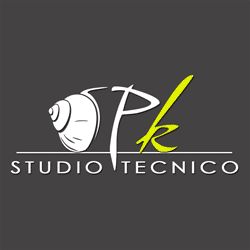 Logo di uno studio tecnico con una chiocciola e lettere "pk" su sfondo grigio scuro.