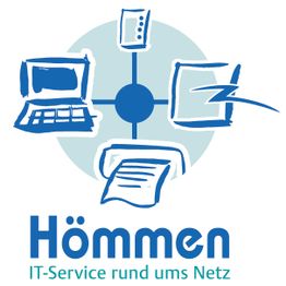Logo von Hömmen IT-Service mit Computer, Monitor, Drucker und Router-Symbolen.