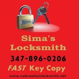 Lock and keys on red background with text: Sima's Locksmith, 347-896-0206, FAST Key Copy.