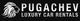 Logo with silver lion head and text: "Pugachev Luxury Car Rentals" on black background.