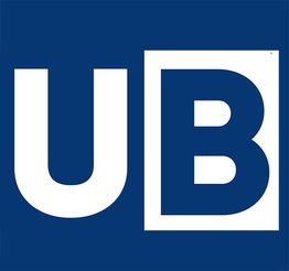 Buchstaben "UB" in Weiß auf blauem Hintergrund.