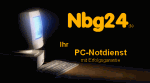 Blauer Bildschirm, Logo "Nbg24 Ihr PC-Notdienst mit Erfolgsgarantie" in gelber Schrift.