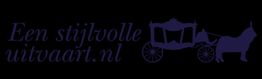 Een stijlvolle rouwkoets getrokken door een hond met de tekst "Een stijlvolle uitvaart.nl".