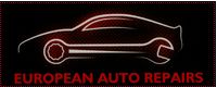 Silhouette of a car with a wrench, text: "European Auto Repairs" in red below.