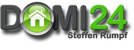 DOMI24-Logo mit Haus-Symbol, text in Schwarz und Grün, "Steffen Rumpf" darunter.