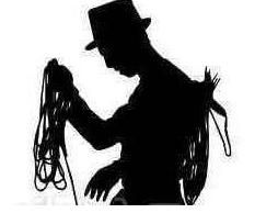 Silhouette eines Mannes mit Hut hält Seile vor weißem Hintergrund.