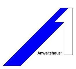 Logo mit blauer und weißer Linie, zeigt die Zahl 1; Text: "Anwaltshaus1".