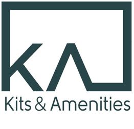 Logo de "Kits & Amenities" con letras estilizadas dentro de un marco rectangular.