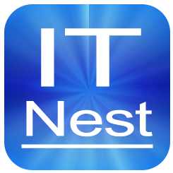 Blaues Logo mit weißem Text "IT Nest" auf strahlendem Hintergrund.