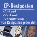 Blaues Werbebild für CP-Restposten: An- und Verkauf von Restposten, mit Laptop, Uhr, Gesicht.