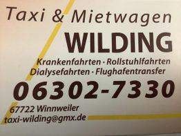 Visitenkarte: Taxi & Mietwagen Wilding, mit Kontaktinformationen und angebotenen Fahrservices.