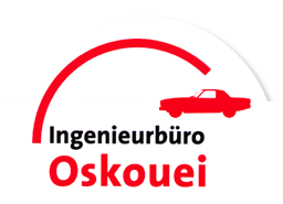Logo des Ingenieurbüros Oskouei: roter Bogen, rotes Auto, schwarzer und roter Text.