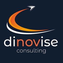 Logo von Dinovise Consulting mit orangem und weißem Bogen auf dunkelblauem Hintergrund.