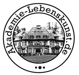 Logo mit historischem Gebäude und Text "Akademie-Lebenskunst.de" im Kreis.