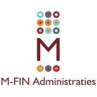 Logo met letter "M," cirkels en tekst "M-FIN Administraties" in rood en diverse kleuren.