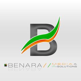 Großes "B" mit grün-orange Linie, darunter Text: "BENARA / MEDIA & IT-SOLUTIONS".