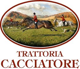 Cavalieri in rosso su cavalli in corsa con cani. Testo: Trattoria Cacciatore.