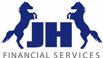 Logo mit zwei aufsteigenden Pferden und dem Text "JH Financial Services" in Blau.