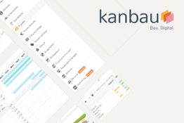 Digitale Bauplanungssoftware mit Menüs und Diagramm, Logo "kanbau" oben rechts.