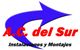 Texto "A.C. del Sur, Instalaciones y Montajes" con flecha azul en fondo blanco.