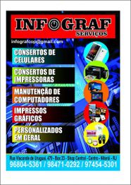 Banner da Infograf Serviços com lista de consertos e contatos em Niterói, RJ.