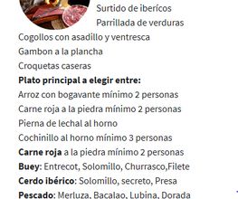 Menú degustación con descuento y opciones de platos principales, postre y bebida.