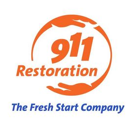 "911 Restoration logo with tagline 'The Fresh Start Company' and orange hands encircling the text."