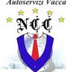 Logo di "Autoservizi Vacca" con lettere NCC, stelle, e cravatta rossa sopra una strada.