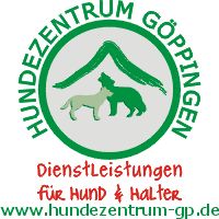 Logo des Hundezentrums Göppingen, mit zwei Hunden und Text zu Dienstleistungen für Hund & Halter.