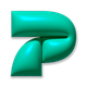 Texto "P" en 3D, color verde turquesa, sobre fondo negro.