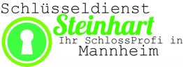 Logo mit Text: "Schlüsseldienst Steinhart, Ihr SchlossProfi in Mannheim" und grünem Schlüsselloch.