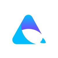 Blue and purple abstract triangular logo on white background.
