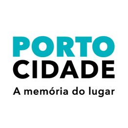 Texto "Porto Cidade: A memória do lugar" em azul e preto sobre fundo branco.