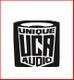 Unique Audio logo in black and white, with a cylindrical design.