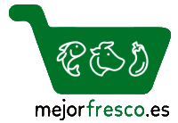 Carrito verde con íconos de pescado, carne y verduras. Texto: "mejorfresco.es".