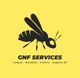 Logo de GNF Services avec une abeille stylisée, fond jaune. "Guêpes, Nuisibles, Frelons, Hygiène 3D".