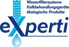 Logo mit Text "eXperti" und Slogan über Wasserfiltersysteme und ökologische Produkte.