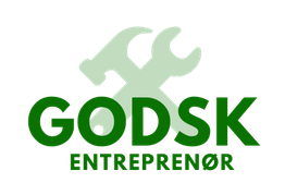 Logo med hammer og skruenøgle bag teksten "GODSK ENTREPRENØR" i grønne bogstaver.