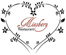 Herzförmiges Logo des Miesberg Restaurants mit floralen Verzierungen.