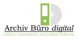 Logo mit Text: "Archiv Büro digital" und Slogan "einfach, unkompliziert und endlich Ordnung".