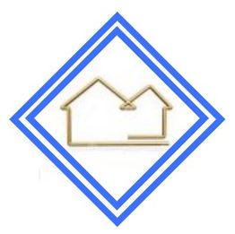 Ein einfaches Haussymbol in einem blauen rautenförmigen Rahmen.