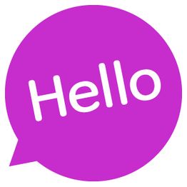Lila Sprechblase mit weißem Text "Hello".