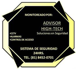 Señal de seguridad con servicios de monitorización, CCTV, alarmas y control de acceso.