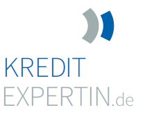 Logo mit Schriftzug "KREDITEXPERTIN.de" in Blau und Grau, daneben zwei halbkreisförmige Symbole.
