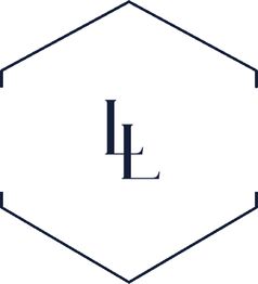 Hexagone avec "LL" au centre, fond blanc, contour et texte noirs.