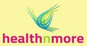 Colorful abstract logo above "health n more" on a yellow background.